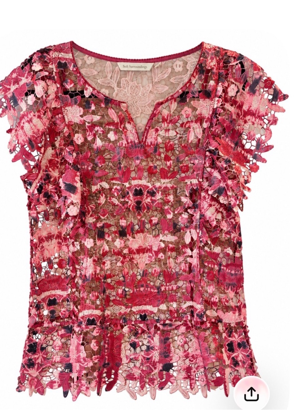 Soft Surroundings Pink Floral Crochet Lace Short-Sleeve Top M